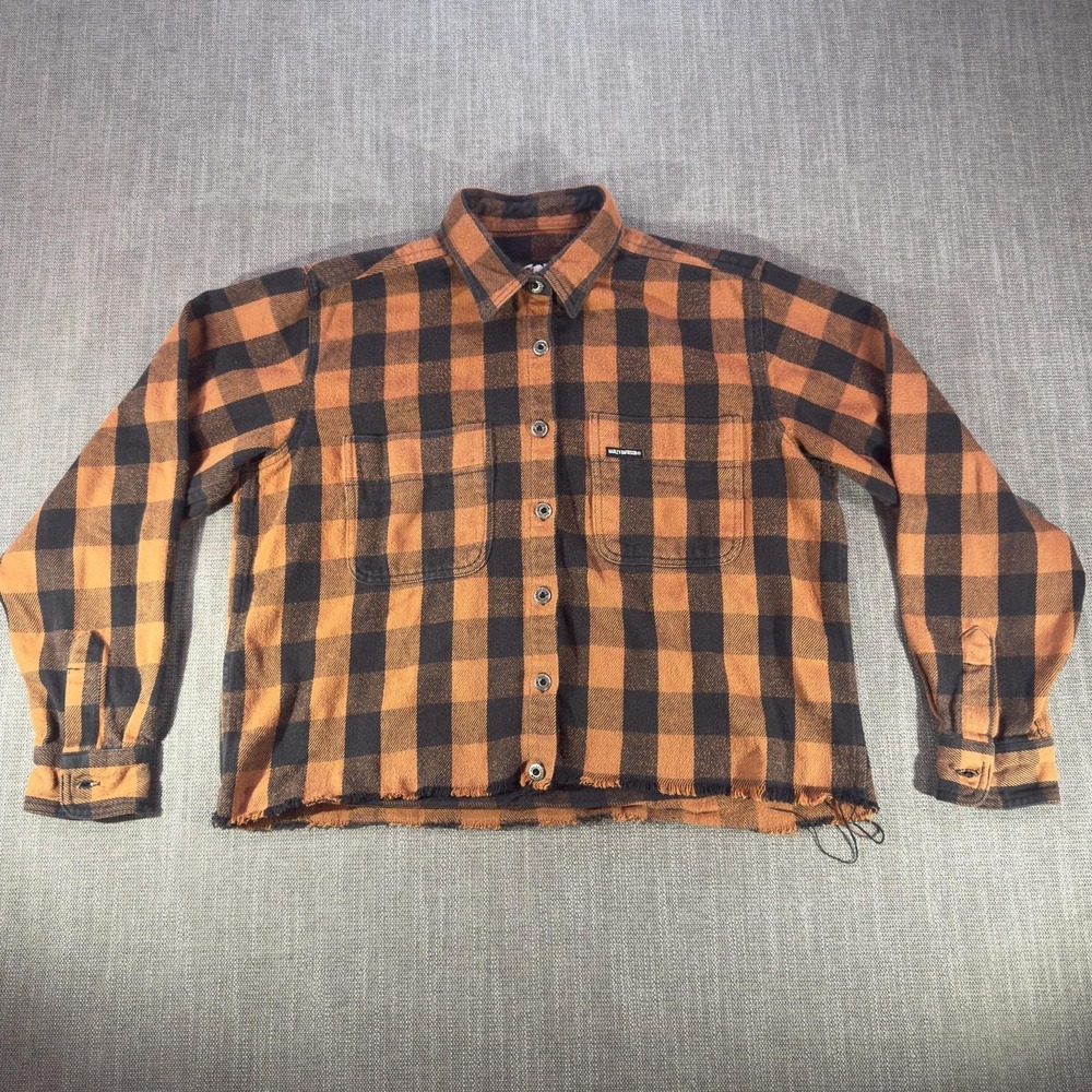 Harley-Davidson Shirt Mens Large Orange Plaid Flannel Long Sleeve Button Up Crop